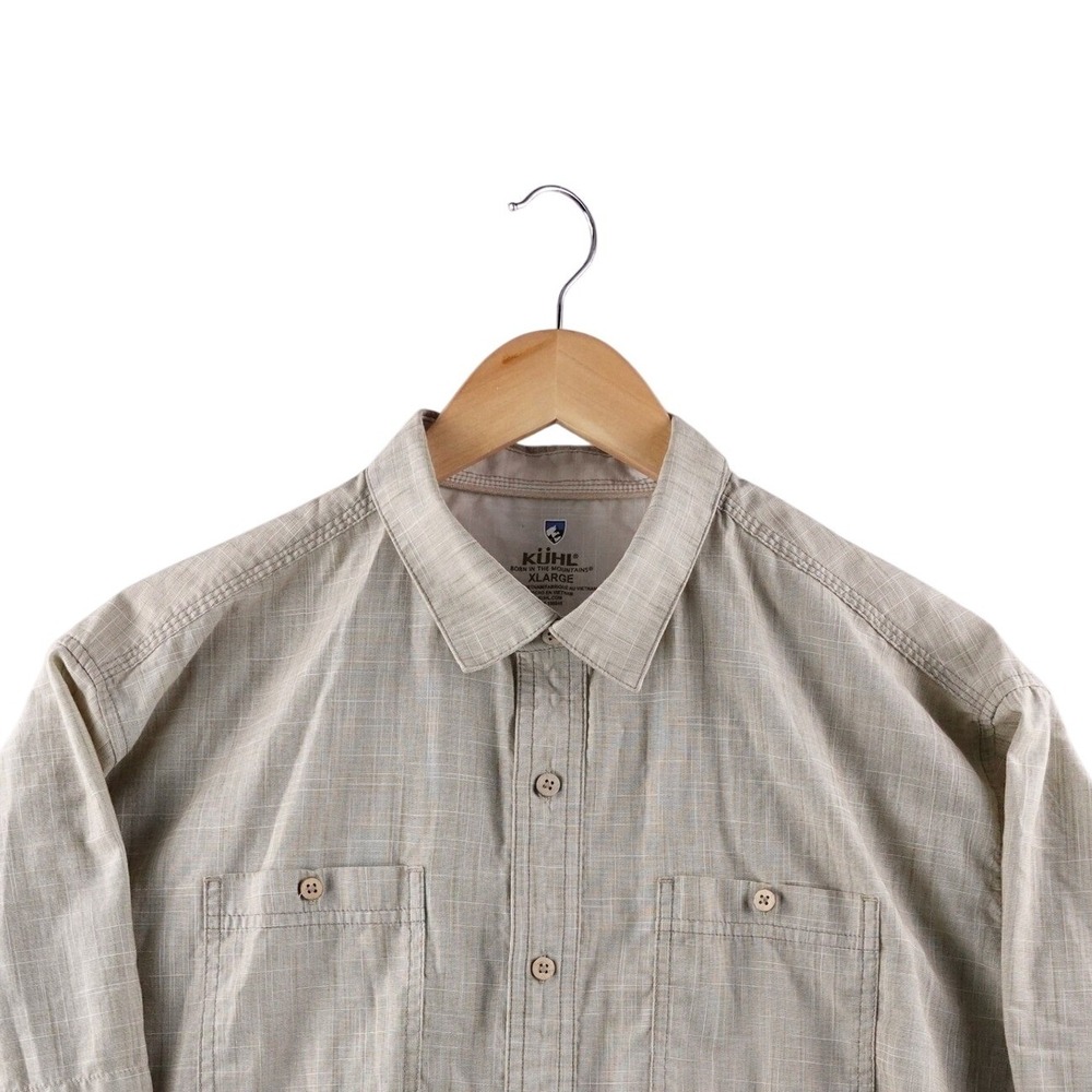 KUHL‎ Mens XLARGE Tan Short Sleeve Button Up Shirt Outdoor Camping Hiking